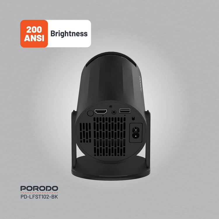 بروجكتور بورودو اللاسلكي متعدد الزوايا مع تقنية ضبط المفاتيح التلقائي، شاشة LCD بحجم 2.69 بوصة، نظام تشغيل أندرويد 11.0، مصباح LED بقوة 50 واط، جهاز تحكم عن بعد، إصدار بلوتوث 5.0 - أسود