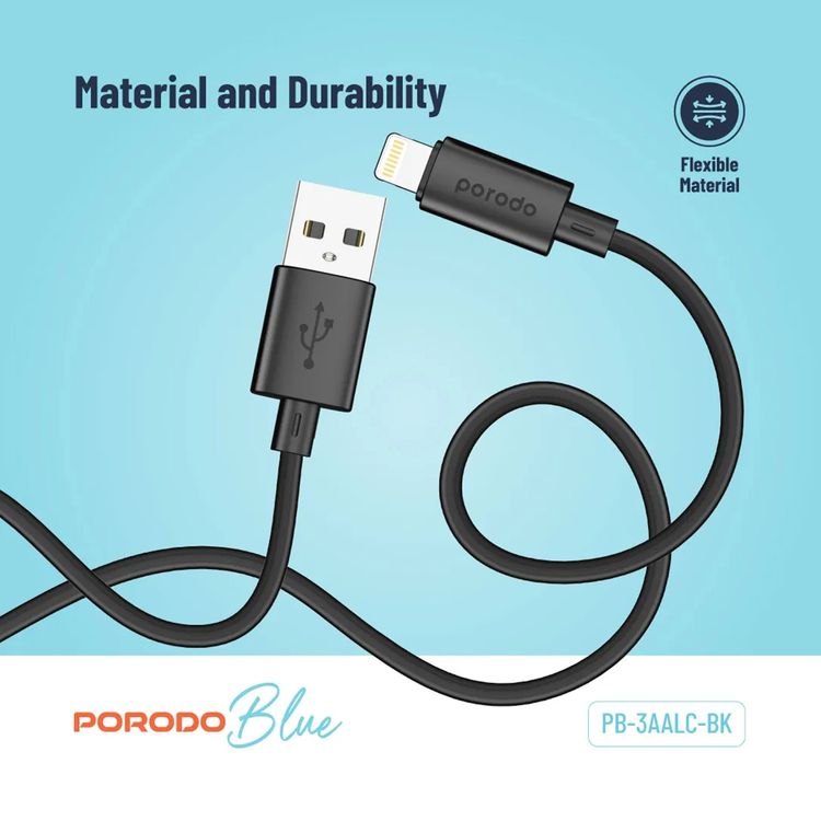 Porodo Blue USB-A to Lightning Charging Cable with 480Mbps Data Transfer, 3A Fast Charge, Flexible Material, Universal Compatibility - Black 
