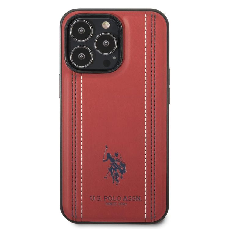 USPA PU Leather Case with Stitched Lines Double Line & Horse Logo iPhone 14 Pro Max Compatibility - Red