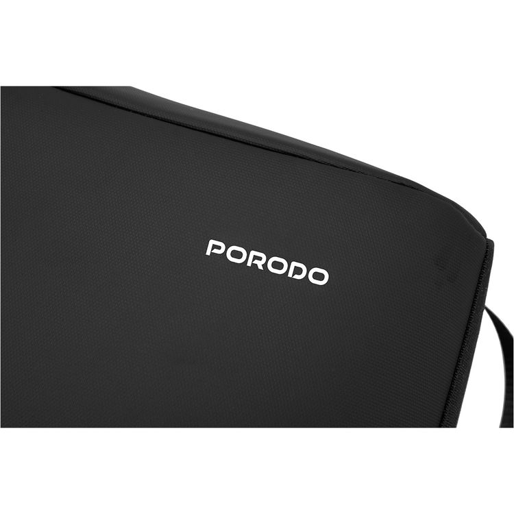 Porodo Lifestyle Water-Resistant PU Backpack with Trolley Sleeve Design, Space-Saving Compression, Dual Padded Laptop Slots, Type-C Charging Port - Black 
