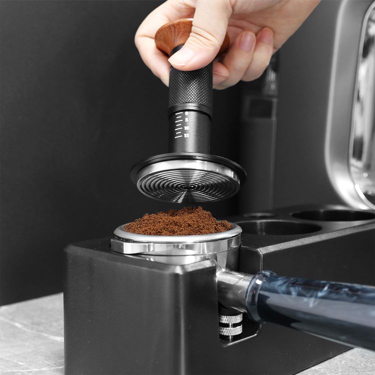 LePresso 58.5mm Impact Tamper with Thread Bottom, Aluminum, Stainless Steel & Wood Material, Compatible with 58mm Portafilter - Black