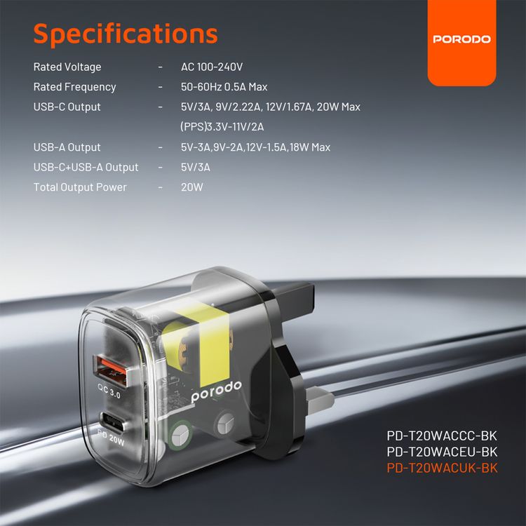 Porodo Dual Output Transparent Quick Charger with USB-C to Lightning Cable, 20W Power Delivery, Simultaneous Charging, 18W USB-A Output, 0%-60% Charge in 35 Minutes, Overheat Protection - Black