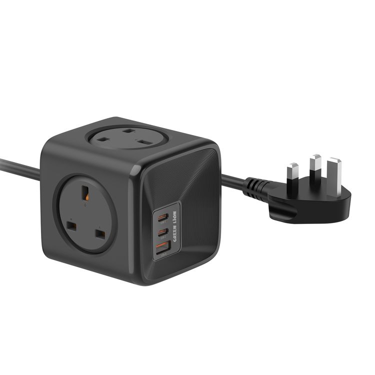 Green Lion 7-in-1 Compact PPS Power Socket with 30W Power Delivery, 1.5m Cable Length, 4 UK Plug Sockets, Universal Compatibility, Flame Retardant PC Material - Black