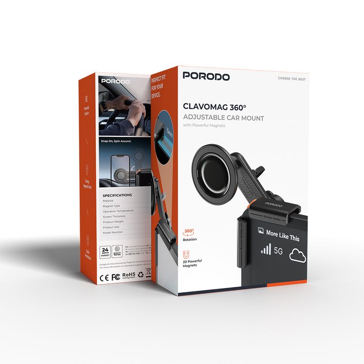 Porodo ClavoMag 360° Adjustable Car Mount, 15mm Screen Thickness, Strong N52 Magnets, Powerful Suction, Quick Installation, -20° - 75°C Operating Temperature - Black