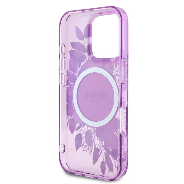 Guess Magsafe IML Transparent Hard Case with Flower Design & Tonal Circle Logo for iPhone 16 Pro, Lightweight, High Quality Material - Purple