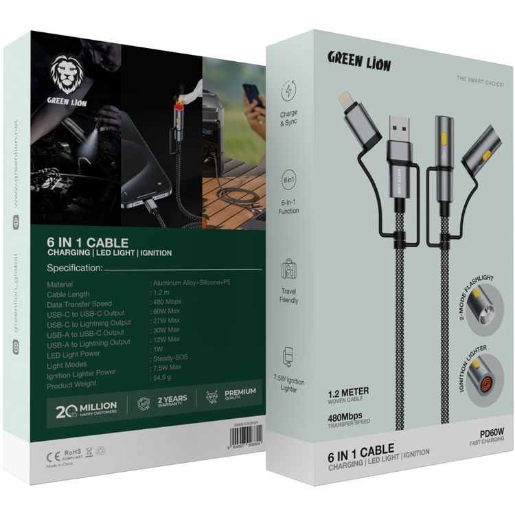 Green Lion 6-in-1 Charging Cable with 1.2m Cable Length, LED Light, Ignition, PD 60W, Charge & Sync, Steady - SOS Light Modes - Gray