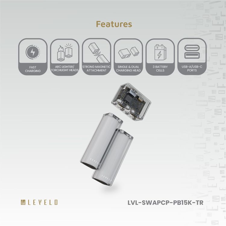 باوربانك Levelo SwapCell Pro بسعة 15000mAh مع ملحقات، 3 خلايا بطارية، قوة مغناطيسية قوية، ولاعة قوسية ورؤوس مصباح يدوي، خلية بطارية واحدة ورأس متضمن، شحن سريع - شفاف
