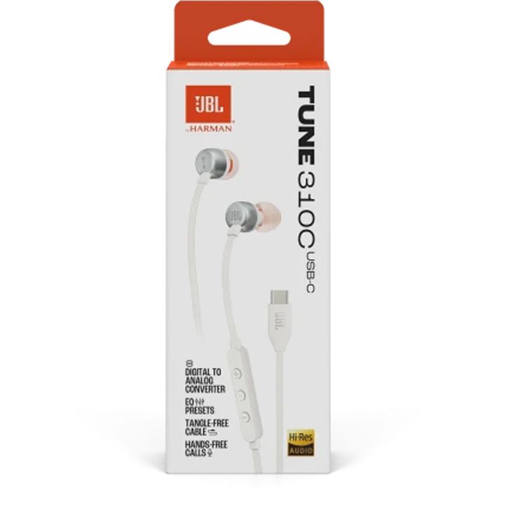 JBL T310C USB-C Wired Earphones, High Resolution Audio, Tangle-Free Flat Cable, Digital to Analog Converter, Compatible with PCs/Mobiles/Gaming Consoles, Pure Bass Sound - White