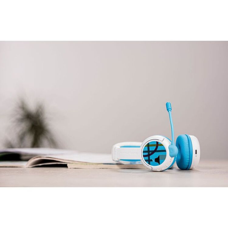 سماعات رأس للأطفال من BuddyPhones SchoolPlus مع اتصال سلكي ولاسلكي، وميكروفون قابل للفصل، ووضع دراسة معزز للصوت، وتصميم قابل للطي - أزرق
