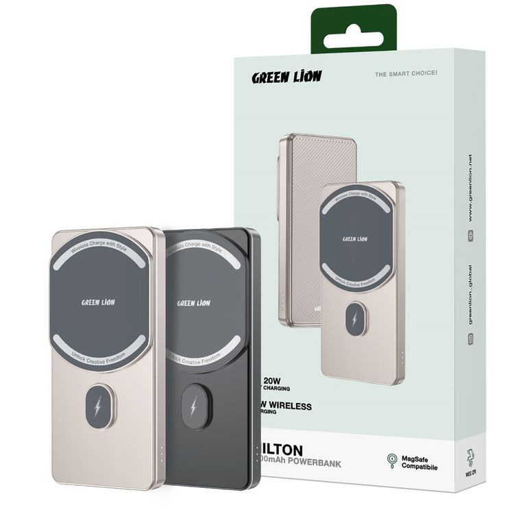 Green Lion 5000mAh Milton Powerbank with Pure Cobalt Battery, 15W Wireless Charging, Strong Magnetic, Smart Chip - Titanium