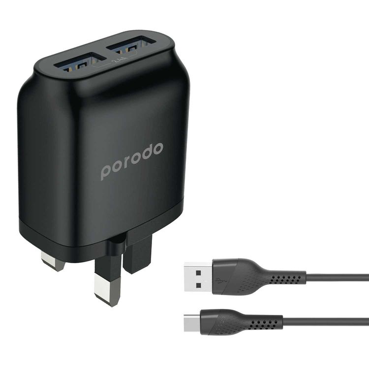Porodo Main Charger, Dual USB Wall Charger 2.4A with Improved Version PVC Type-C Cable 1.2m Compatible for Type-C Devices, UK 3pin Plug, Over-heat Protection - Black