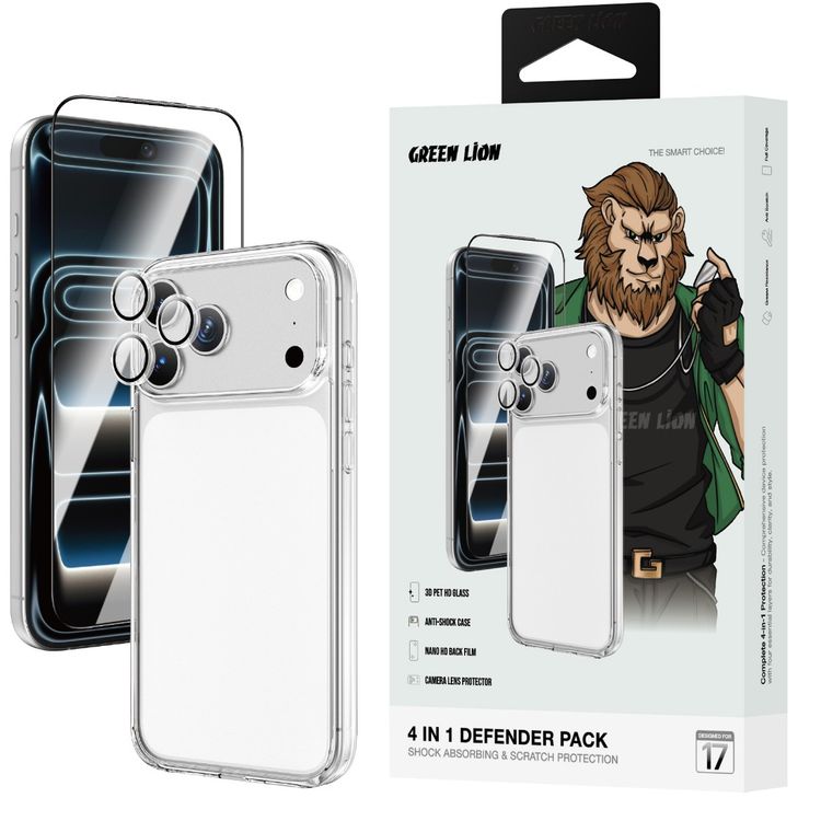 Green Lion 4-in-1 Defender Pack for iPhone 17, Anti-Shock Case, Anti-Fingerprint Camera Lens, Anti-Broken Edges Glass, 360° Comprehensive Protection Case, Anti-Yellowing Case, Anti-Scratch Camera Lens, HD Clarity Glass, Full Protection, High Quality - Clear