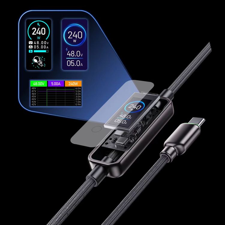 Powerology 240W USB-C to USB-C Cable with TFT Display, PD 3.1 Fast Charging, Advanced E-Marker Chip, 1.2m Cable Length, Durable Zink Alloy Shell - Black