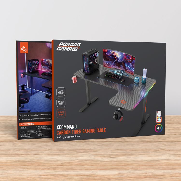 Porodo Gaming Xcommand Carbon Fiber Material Gaming Table with Headphone Mount, Large Surface, Carbon Fiber, Heat Resistant, Water Resistant, Remote Control,  Patented Design, Textured Chipboard,  Cup Holder, RGB Panel - Black