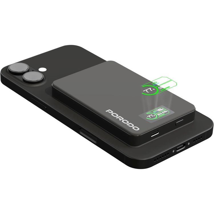 Porodo 10000mAh Power Bank with Real-Time TFT Smart Display, Type-C Input & Output, 20W PD Fast Charging, 15W Wireless Charging, Compatible with MagSafe, Smart Temperature Control - Dark Gray