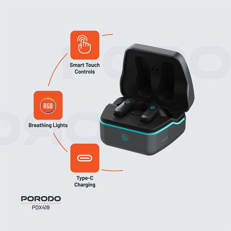 Porodo Gaming Ultra Low-Latency Gaming Earbuds, 400mAh Battery Capacity, 6h Playtime, Bluetooth 5.4, Less than 60ms Response Time, Dual Mic ENC Support, Type-C Charging Interface - Black