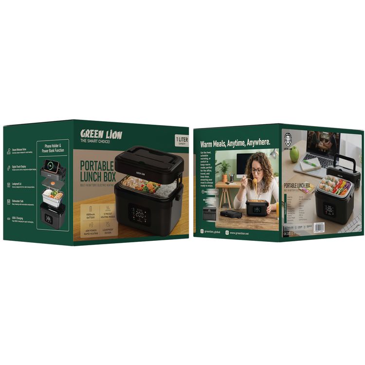 Green Lion Portable Lunch Box with Built-in Battery, Electric Heating, 1L Capacity, 8000mAh Battery Capacity, 5 Perfect Heating Modes, 60W Power Rapid Heating, Leak-Proof Design, Phone Holder and Power Bank Function, USB-C Charging, Dishwasher Safe, Digital Touch Display, Steam Release Valve - Black