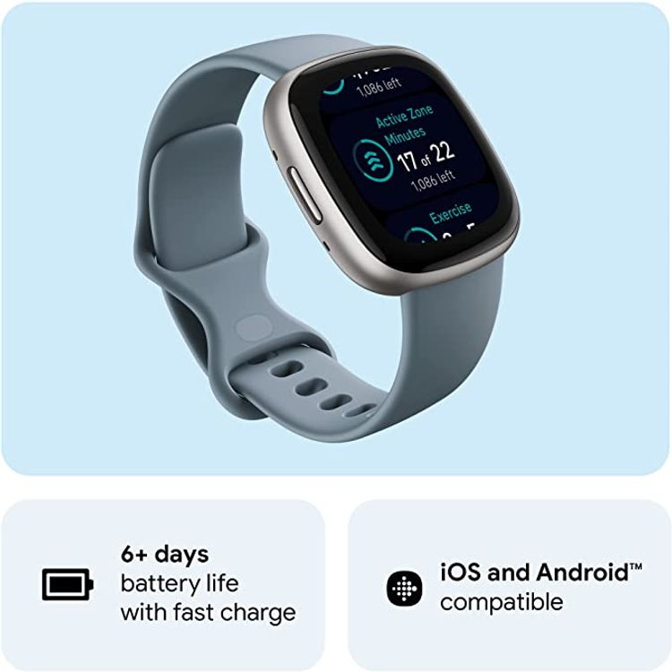 Fitbit Versa 4 Fitness Aluminum Wristband with Heart Rate Tracker - Waterfall Blue/Platinum Aluminum
