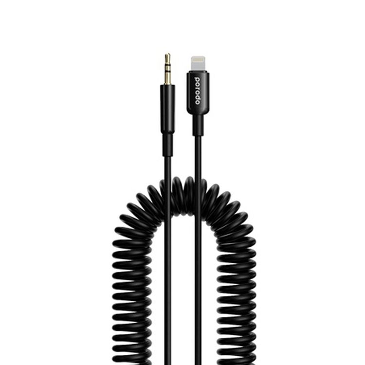Porodo 3.5mm AUX to Lightning Coiled Audio Cable with 1.2m Length, Universal Compatibility, Auto-Retract & Tangle-Free Design - Black