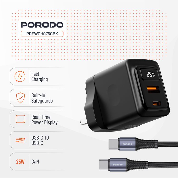 Porodo GaN Wall Charger with USB-C to USB-C Cable, 1m Cable Length, USB-A & USB-C Ports, 25W Power Delivery, Built-in Safeguards, Fast Charge Support, Multiple Device Charging, Digital Display - Black