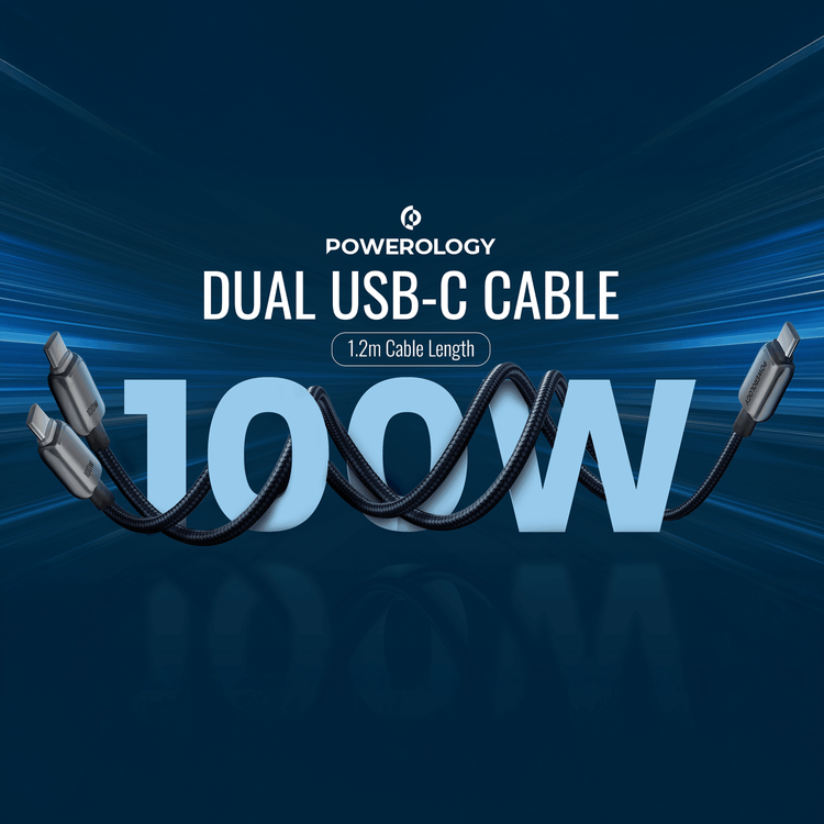 كابل USB-C مزدوج من سلسلة Powerology Zinco بقوة خرج قصوى 100 واط، ومعدل نقل بيانات 480 ميجابت في الثانية، مصنوع من سبائك الزنك والنايلون المضفر، وعمر افتراضي يتجاوز 15000 ثنية، وتدفق طاقة مُحسَّن بعلامة E، وتوافق عالمي، وتحسين الشحن الذكي - رمادي غامق
