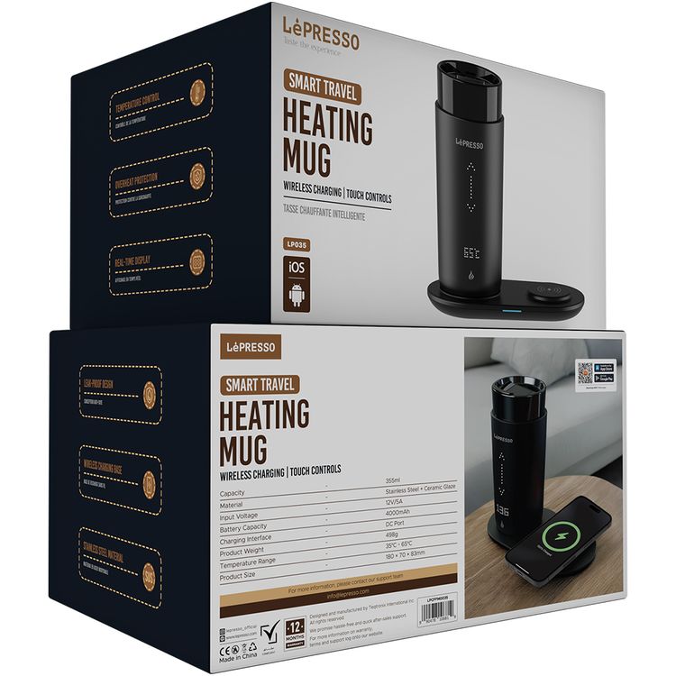 LePresso Smart Travel Heating Mug, Wireless Charging Base, Temperature Control, Real-Time Display, Leak-Proof Design - Black