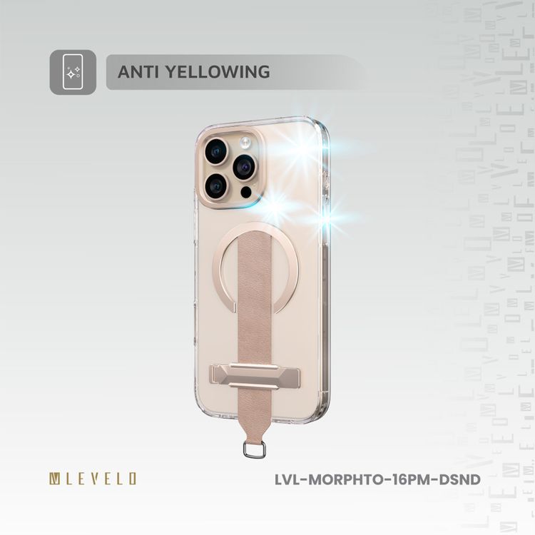 Levelo Morphix Trio Case for iPhone 16 Pro Max with Built-in Kickstand, Metal Camera Edge, MagSafe Compatible, Impact-Resistant Corners, Grip Strap & Metal Hook, Anti Yellowing - Desert Sand