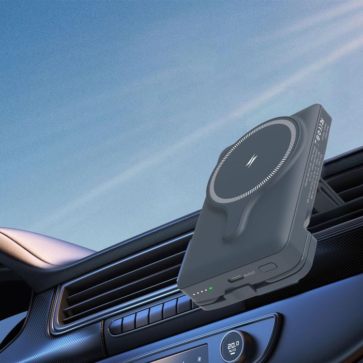 Powerology Car Mount 5000mAh Power Bank with Magnetic Wireless Charger, MagSafe Charging, PD 20W Fast Charge, Folding Air-Vent Clip, LED Indicator, Built-In Type-C Cable, Lightweight & Portable - Gray 