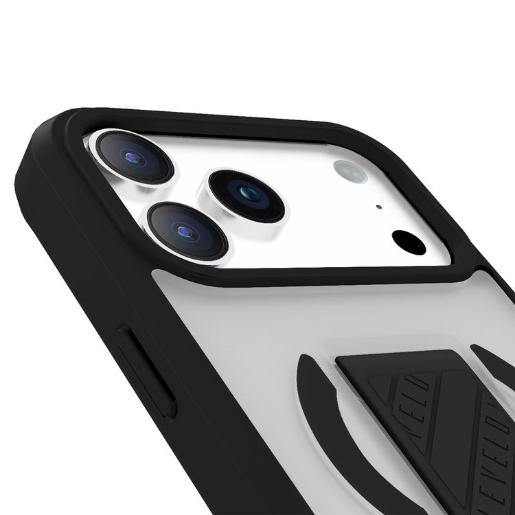 غطاء Levelo Morphix Clara GripStand MagSafe لجهاز iPhone 17 Pro، مع حواف مرفوعة للكاميرا والشاشة، مغناطيس قوي، هيكل مقاوم للصدمات وتشطيب غير لامع، حامل حلقة D مرن، مضاد لبصمات الأصابع - أسود شبحي