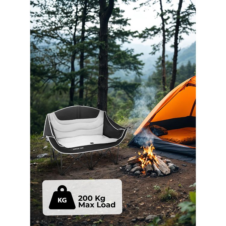 Green Lion Double Camping Chair, 600D Oxford Fabric + Steel Pipe Material, Camping Friendly, Safety Lock, Foldable Design, Easy Setup, Juice Glass Holders  - Gray / Black