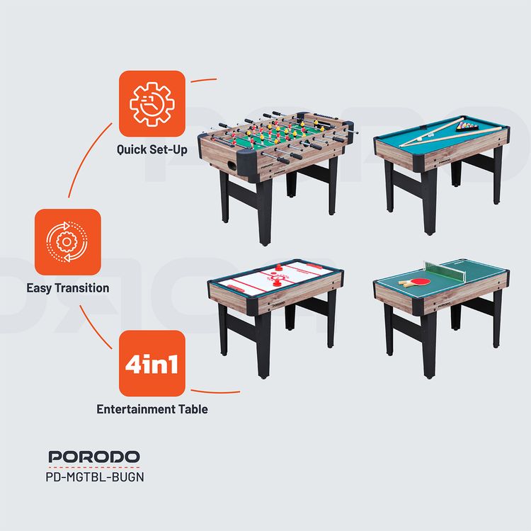 Porodo Lifestyle Multi-Game Table with Foosball Table, Billiard Table, Hockey Table & Table Tennis, Easy Transition, Quick Set-up, Full Package Accessories - Brown