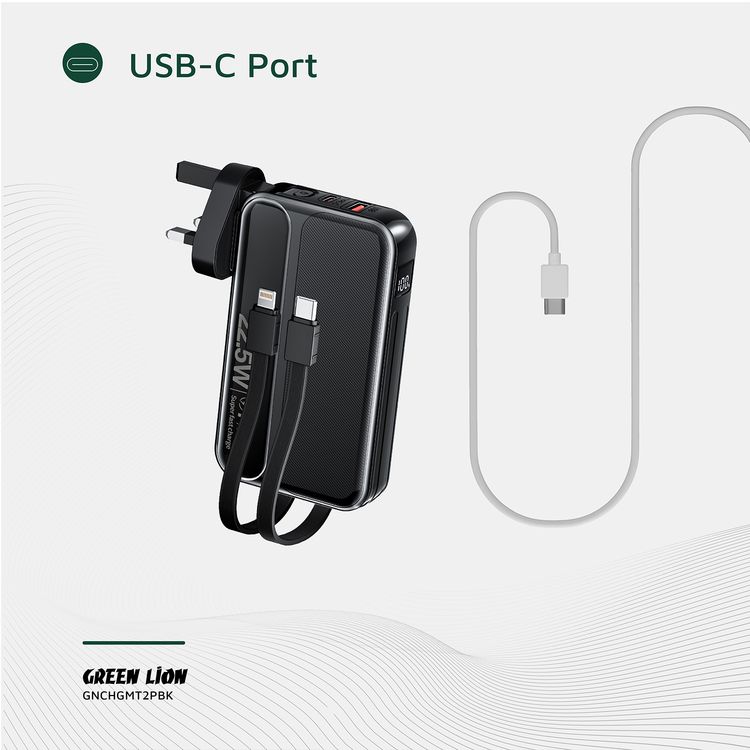 شاحن باور بانك غرين ليون تشارج ميت بقدرة 10000 مللي أمبير PD 22.5W، مدخل طاقة AC، كابلات مدمجة، شاشة رقمية، قابس الولايات المتحدة، قابس الاتحاد الأوروبي، قابس المملكة المتحدة - أسود