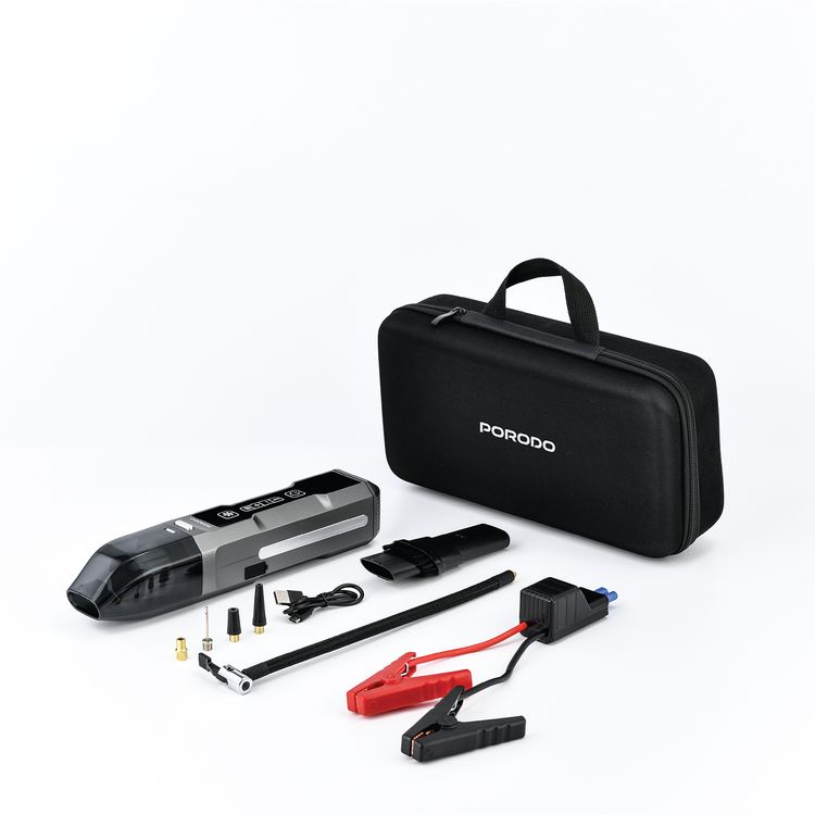 Porodo IGNATOV Jump Starter & Air Pump with Handheld Vacuum, USB-C Recharge, 400A Peak Current, 400A Peak Current, Multi-Mode LED Light, Preset Pressure Modes, Washable HEPA Filter - Black