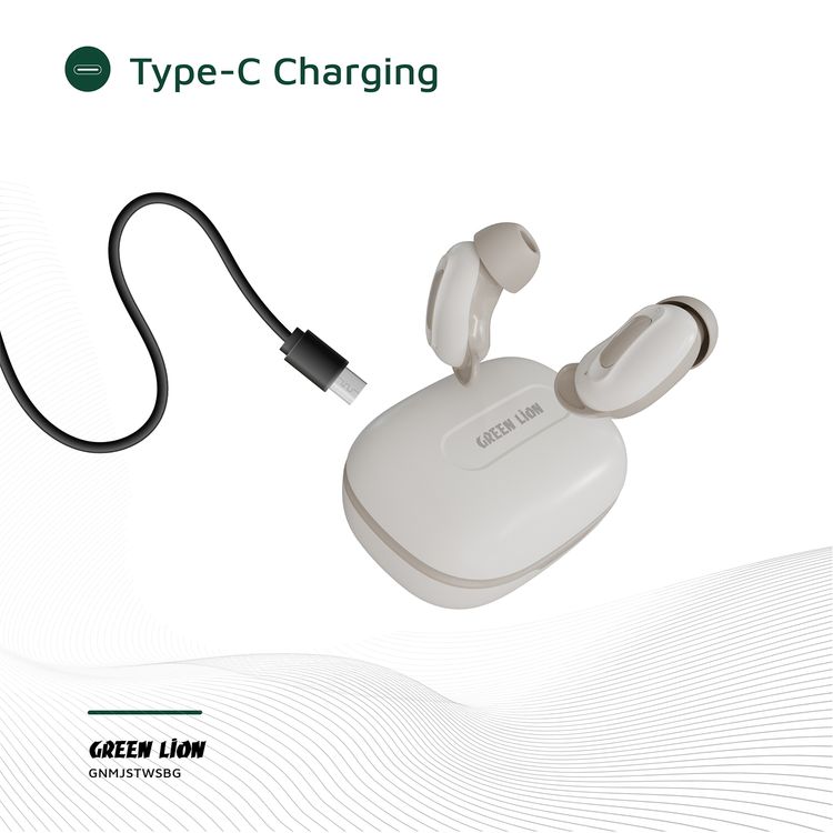 Green Lion Majestic True Wireless Earbuds TWS, High Definition Microphone, Voice Assistant Mode, Touch Control, Music Mode, Game Mode, ANC - Beige