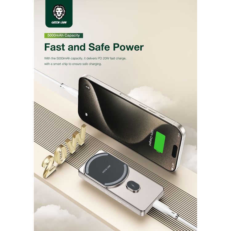 Green Lion 5000mAh Milton Powerbank with Pure Cobalt Battery, 15W Wireless Charging, Strong Magnetic, Smart Chip - Titanium