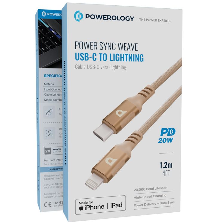 Powerology Power Sync Weave USB-C to Lightning Cable with 1.2m Length, 20000 Bends Lifespan, Braided Nylon Material, Tangle-Free Design, Fast Charge & Data Transfer, 30W Power Delivery - Desert Titanium