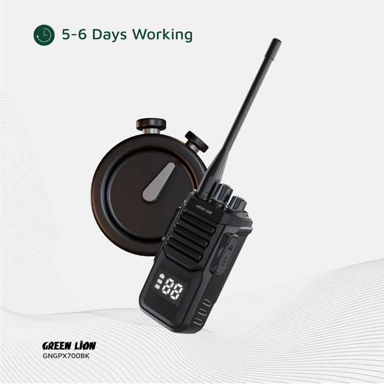 جهاز "جرين ليون GPX700 ووكي توكي" مع وقت تشغيل يصل إلى 6 أيام، يحتوي على 99 قناة تناظرية، ومدى إشارة يصل إلى 5 كيلومترات، وتقنية ANC، وسعة بطارية 3000 مللي أمبير، ووظيفة إنذار SOS.