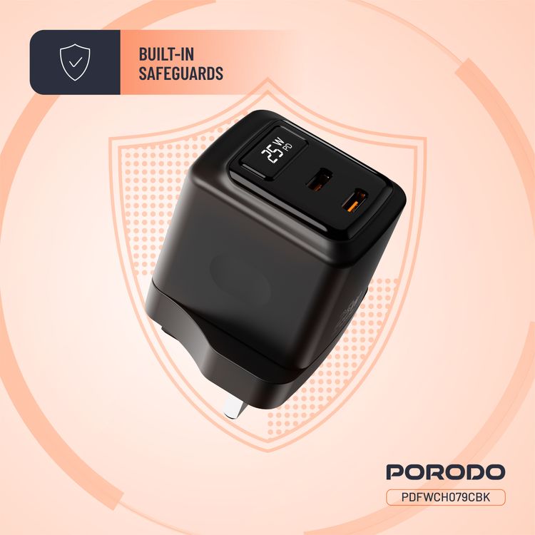 Porodo GaN Wall Charger with USB-C to USB-C Cable, Dual USB-C Ports, 25W Power Delivery, Built-in Safeguards, Fast Charge Support, Multiple Device Charging, Digital Display - Black