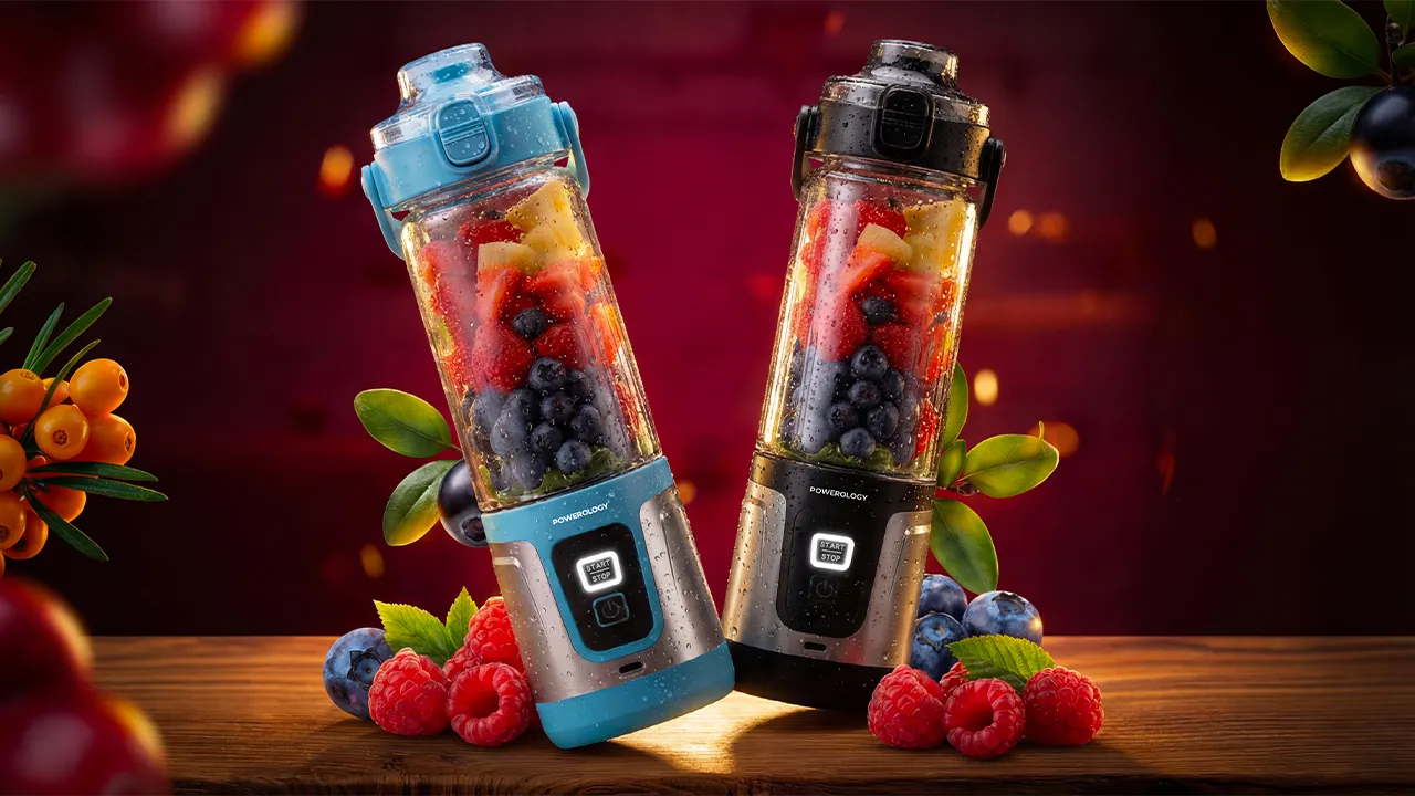 Powerology DuoMix Portable Blender with Cut Fruit & Ice Crusher, 600mL Capacity, 120W Rated Power, USB-C Charging Port, Leak-Proof Design, 2× 2000mAh Battery, 14000RPM Motor Speed, Flipping Bottom Food - Blue
