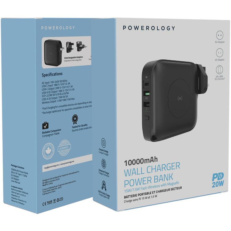 Powerology 10000mAh Wall Charger Power Bank with 20W Power Delivery, 15W Wireless Output, 0%-60% Charge in 35 Minutes, 18W USB-A QC Output, Interchangeable EU & US Adapters - Black