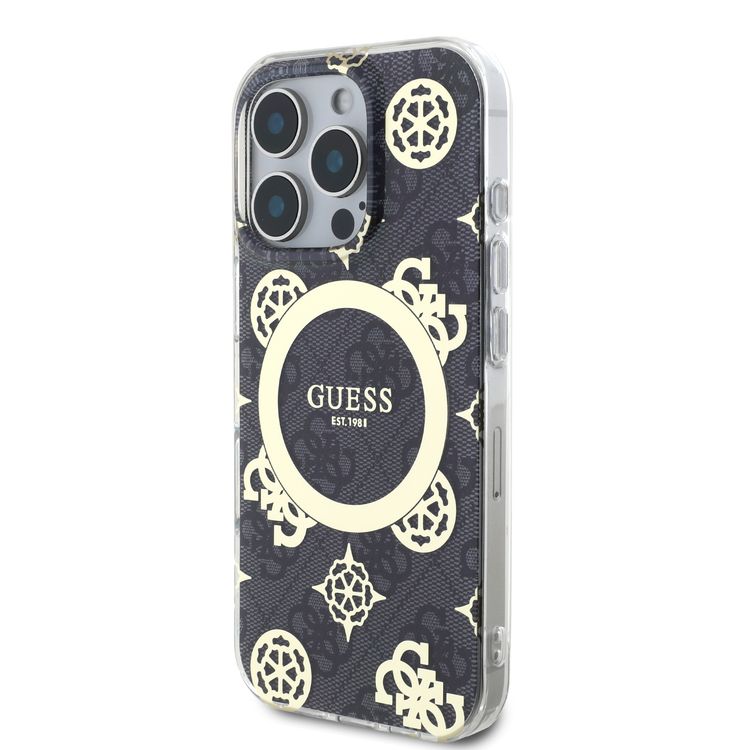 كفر حماية Magsafe IML 4G صلب بتصميم Guess مع زهرة الفاوانيا لهاتف iPhone 16 Pro Max، مادة عالية الجودة، خفيف الوزن، قبضة مريحة وآمنة - أسود
