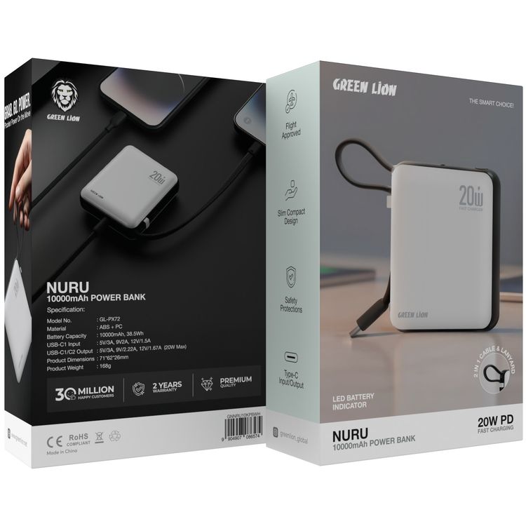 Green Lion Nuru 10000mAh Power Bank with PD 20W Fast Charging, Safety Protections, Slim Compact Design, Flight Approved, 2-in-1 Cable & Lanyard Included - White