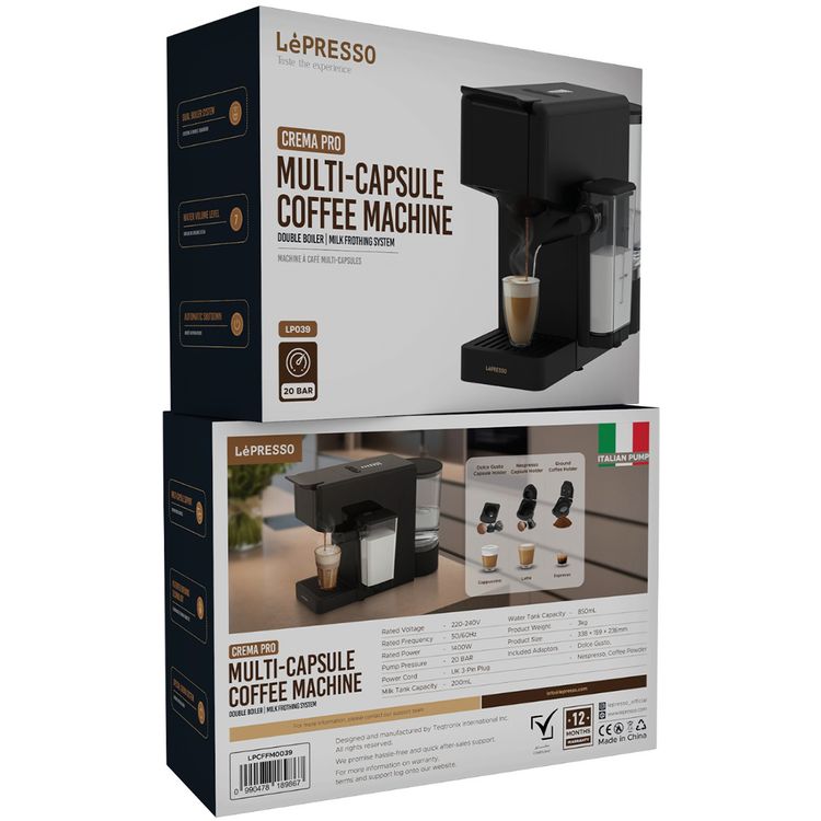 LePresso Crema Pro Multi-Capsule Coffee Machine with Double Boiler, Milk Frothing System, Capsule Holder, Ground Coffee Holder, 200mL Milk Tank Capacity, 850mL  Water Tank Capacity, 3-Pin UK Plug Power, Automatic Shutdown - Black