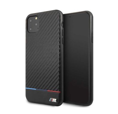 CG Mobile BMW Carbon & PU Leather Hard Case Tricolor Stripe For iPhone 11 Pro (5.8") Officially Licensed, Shock & Scratch Resistant, Suitable with Wireless Chargers Black