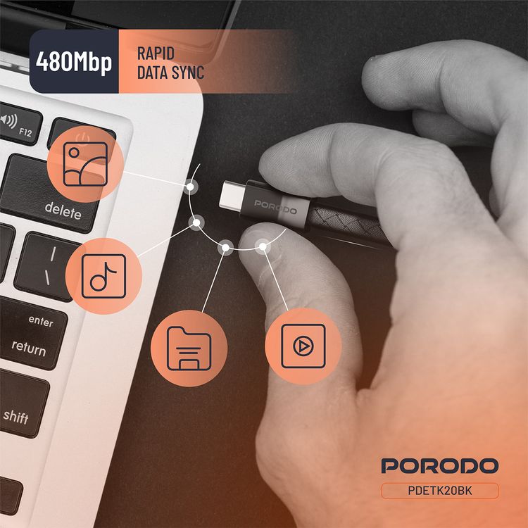 Porodo USB-C to USB-C Wristband Cable with Magnetic Steel Clasp, 60W Power Delivery, 480Mbps Data Transfer Speed, Wearable Design, 20cm Cable Length, PU Leather & Zinc Alloy Material - Black