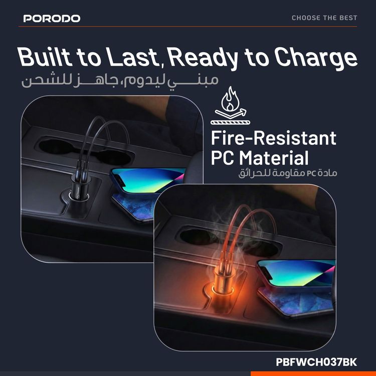 Porodo Blue Dual Port 30W Car Charger with USB-C & USB-A Ports, 15W Shared Output, Polycarbonate Material - Black