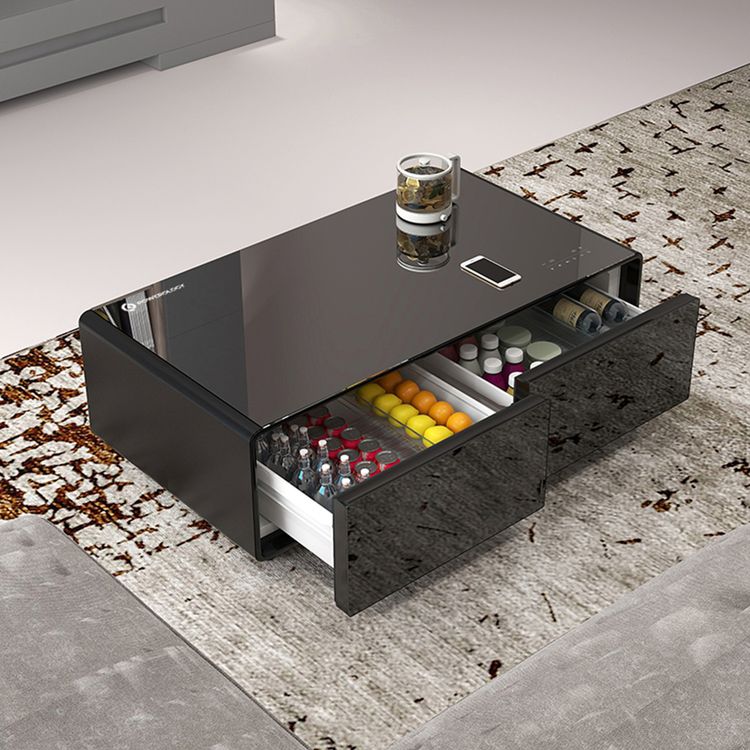 Powerology 135L Coffee Table Fridge with LED Display, 2 Drawers, Wireless Charging, Quiet Operation,  Compact Design, USB and Type-C Charging Port, Glass Top - Black