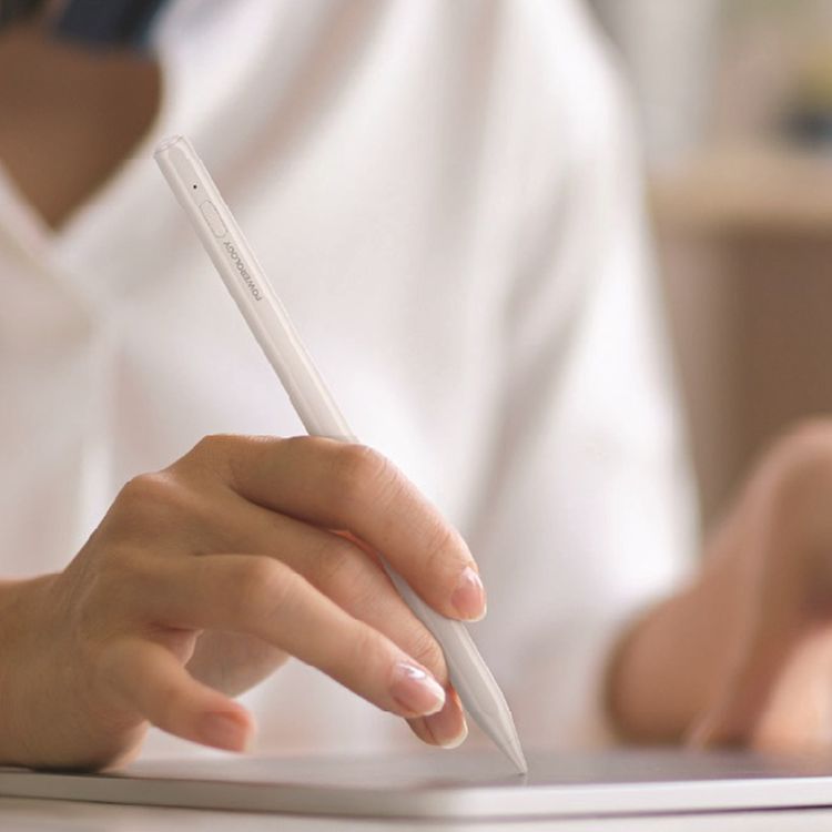 Powerology Intellio Smart Stylus with Real-Time Battery Display, Over 10 Hours Working Time, 130mAh Battery, Precise Tilt Detection, Palm Rejection, Wireless Charging, 32 Shortcut Keys - White