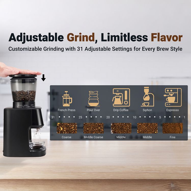 Lepresso Conical Burr Grinder, 275g Bean Hopper Capacity, 99g Chamber Capacity, 31 Grind Settings, User Friendly Interface, Timer Technology - Black