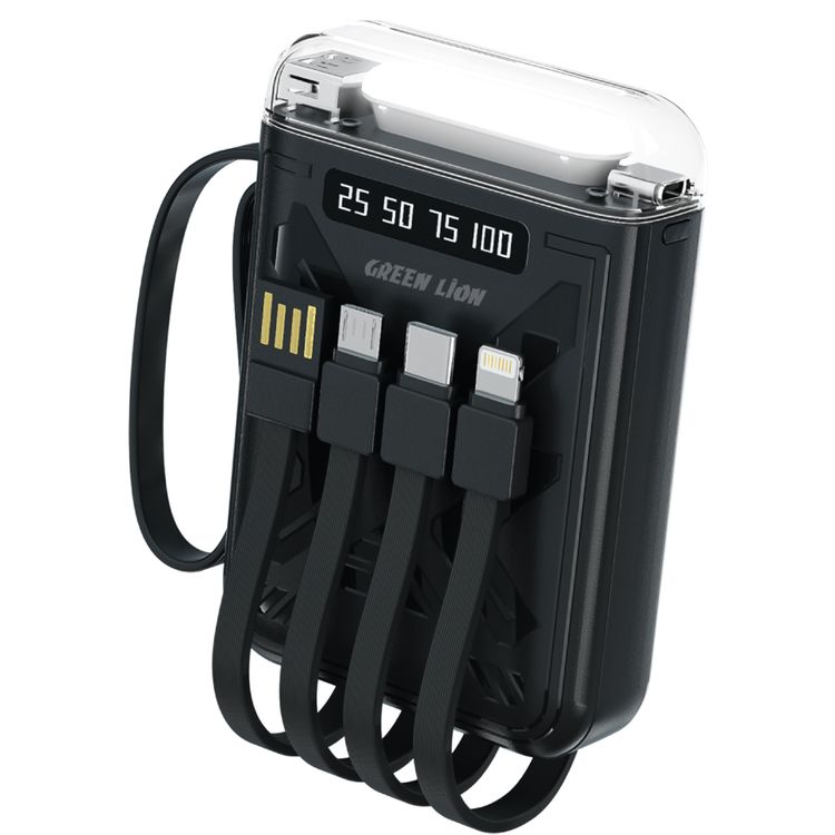 باور بانك جرين ليون لوما برو 10000mAh مع مؤشر بطارية، كابل USB-Micro، كابل لايتنينج، مصباح LED، حزام سيليكون - أسود